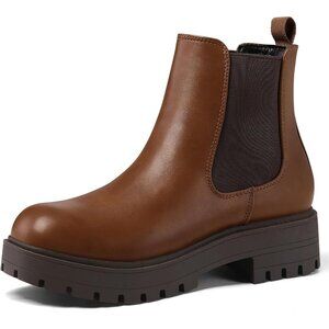 Women's Brown Chelsea Low Chunky Heel Slip On Lug Sole Elastic Ankle Booties